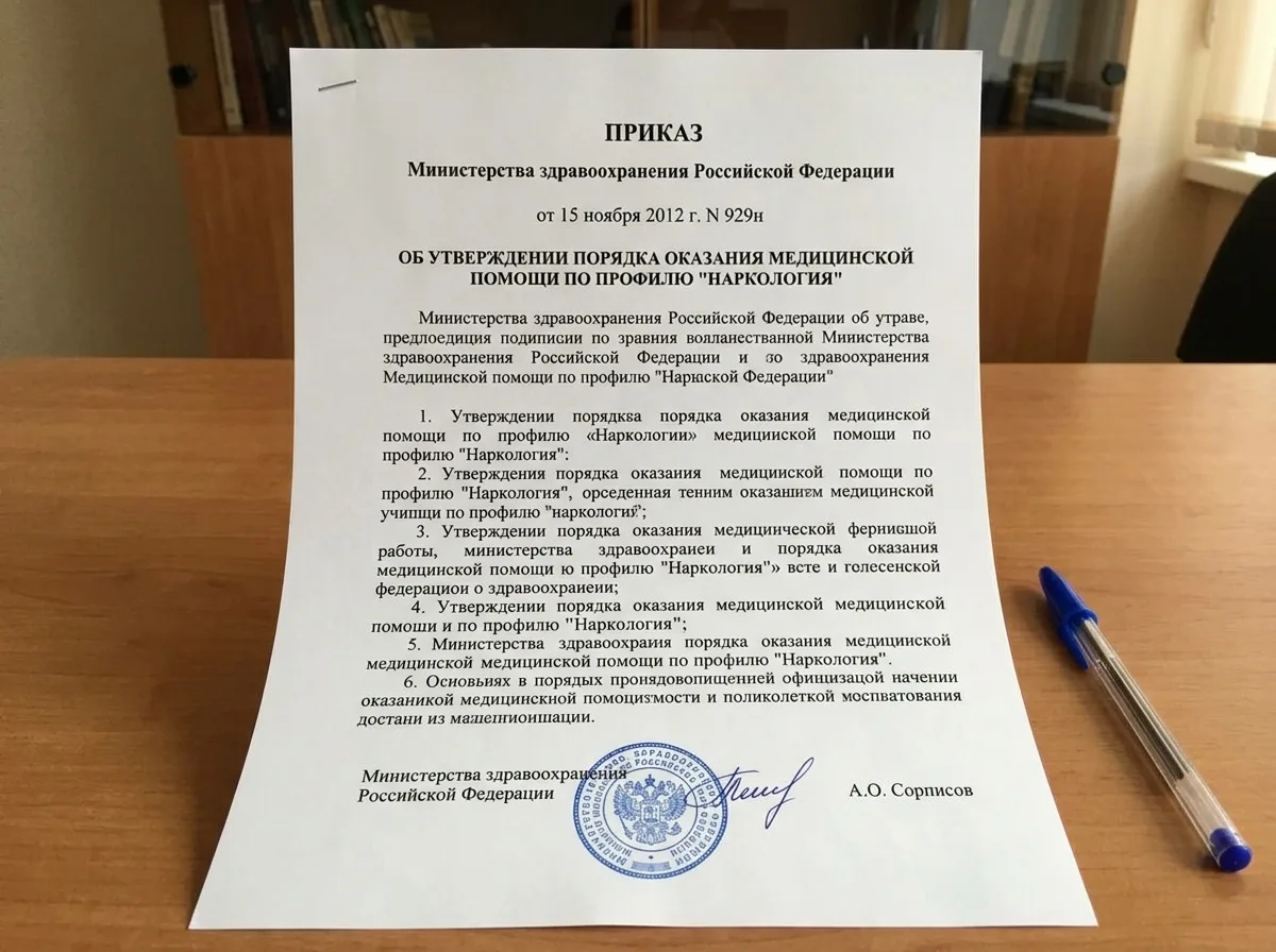Приказ Минздрава РФ 929н: документ о порядке оказания медицинской помощи по наркологии, официальный бланк